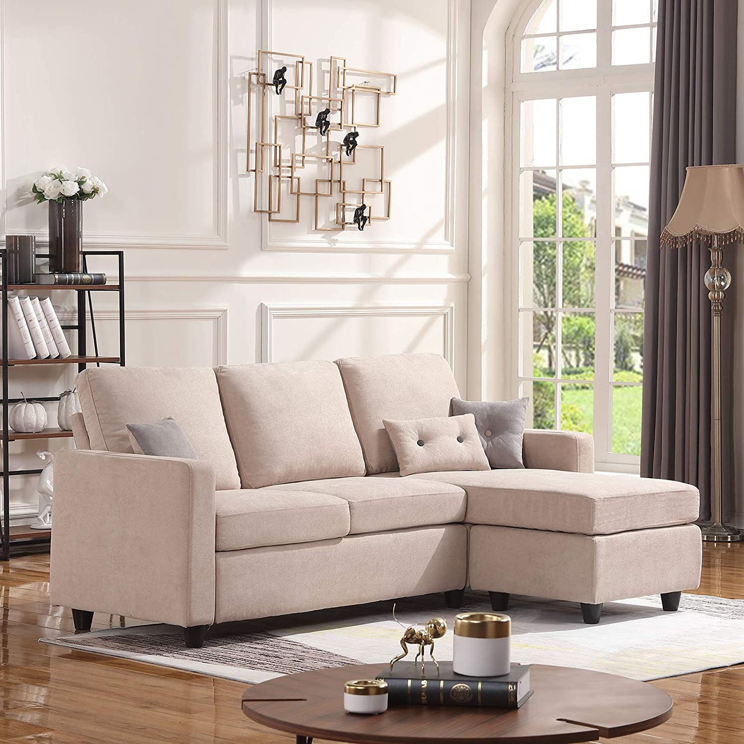 HONBAY Convertible Sectional Sofa, L Shaped Couch with Linen Fabric, Reversible Sectional Sofa Couch for Small Space, Light Grey