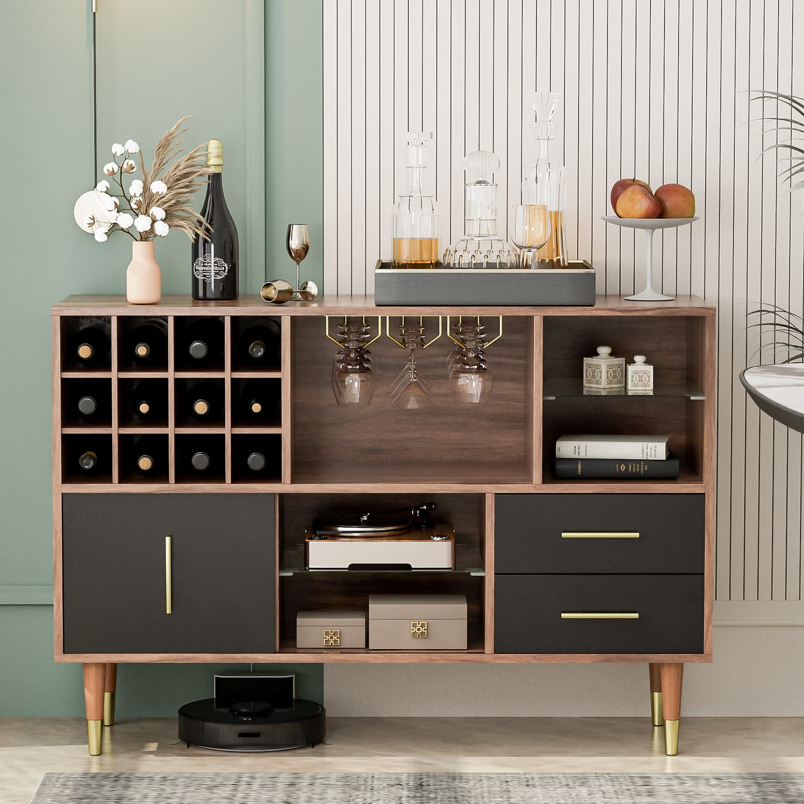 【Furniture】Accent Kitchen Buffet Sideboard with Storage, Wood Cabinet Server Cupboard with 12 Wine Bottle Rack