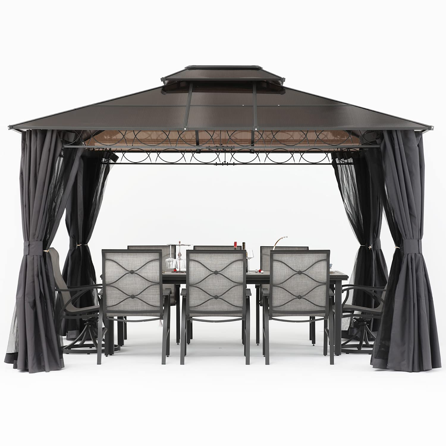 【Gazebo】10x12 Double Roof Hardtop Patio Gazebo Canopy Aluminum Frame with Netting & Screen Walls Curtains