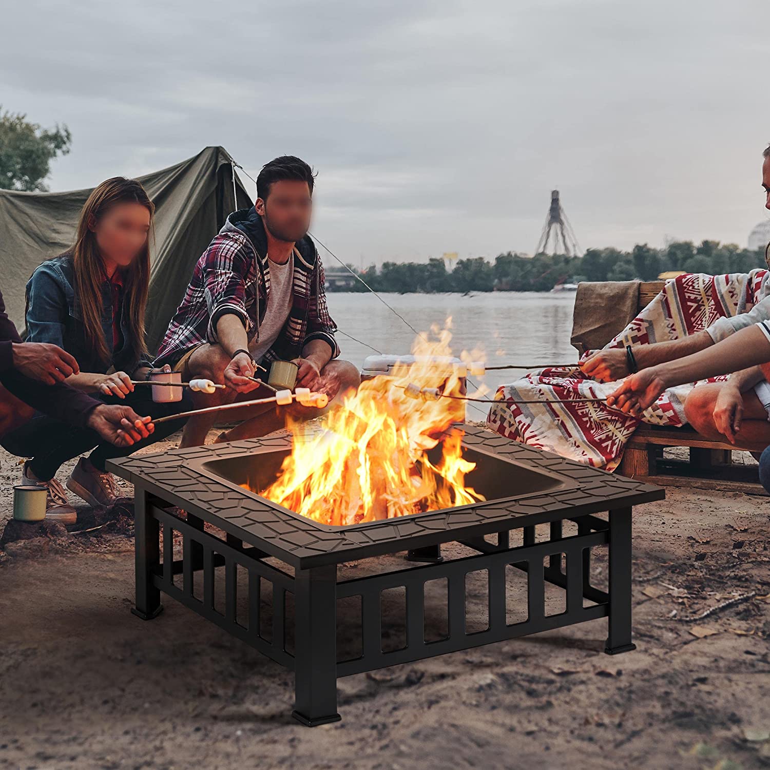 Yaheetech 34in Fire Pit Table Outdoor Fire Pits Square Steel Stove with Mesh Screen, Waterproof Cover & Poker for Outside Patio Bonfire Camping