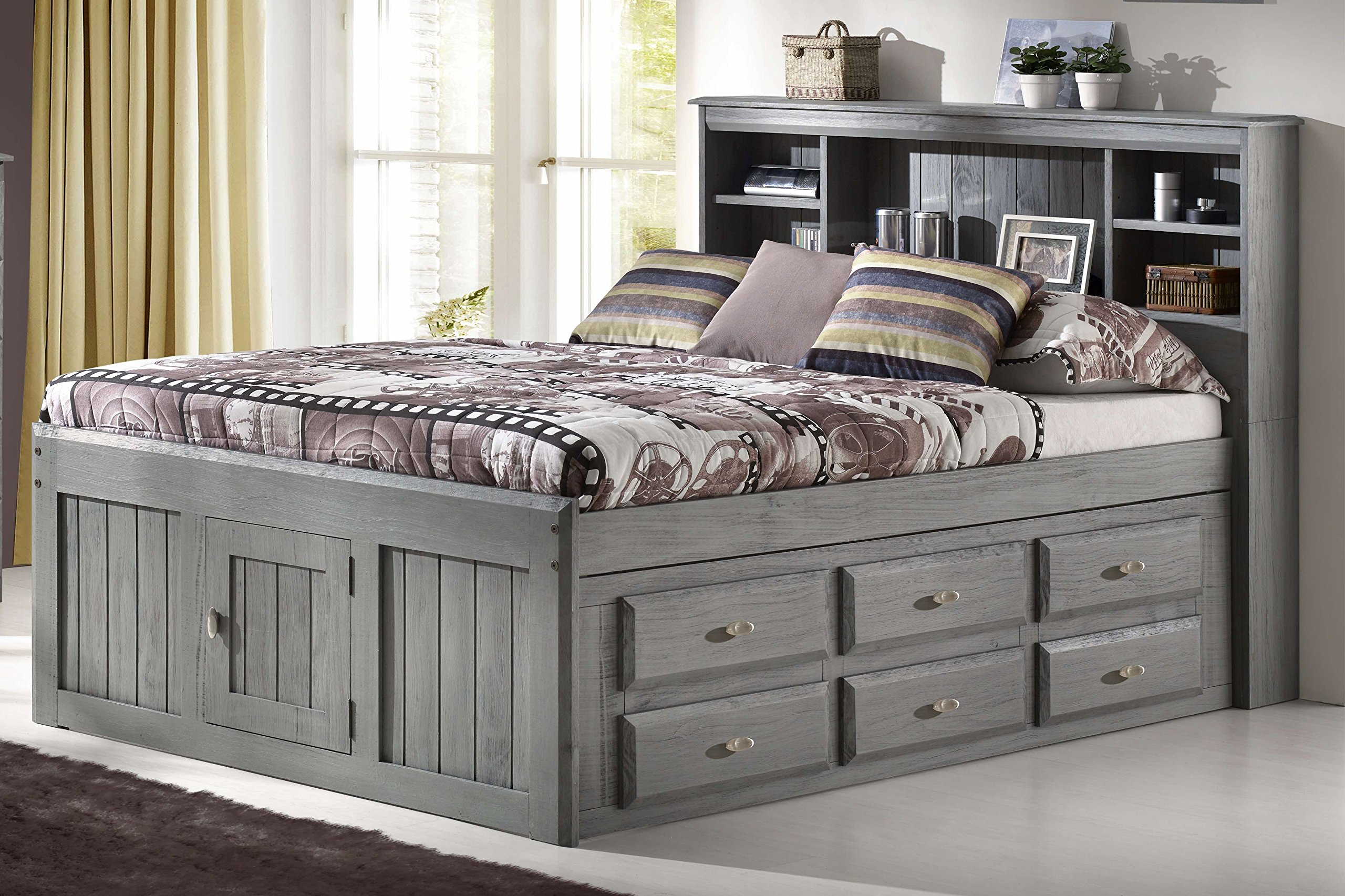 【Furniture】Charcoal Full Bookcase Bed with 12 Drawers